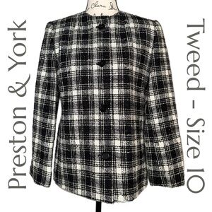 Preston & York - Button Front Plaid‎ Tweed Jacket - Size 10